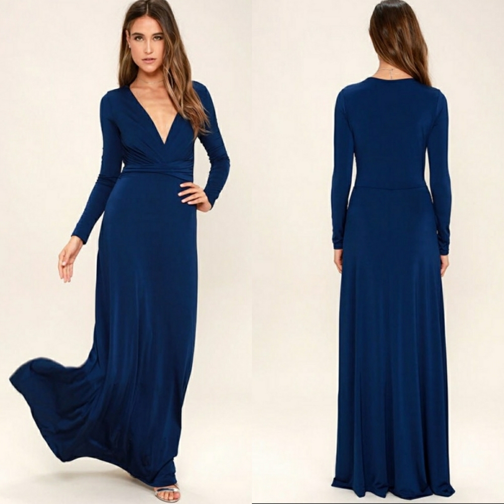 Lulu's NWT Chic-quinox Navy Blue Long Sleeve Maxi Dress Size Small